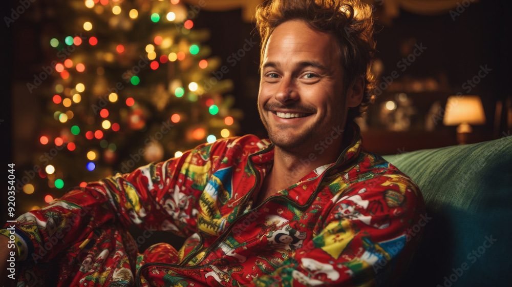Portrait of a young caucasian 30 year old man wearing a Christmas-themed pajama relaxing on a couch at home on Christmas night with a Christmas tree in background Portrait of a young caucasian 30 year old man wearing a Christmas-themed pajama relaxing on a couch at home on Christmas night with a Christmas tree in background