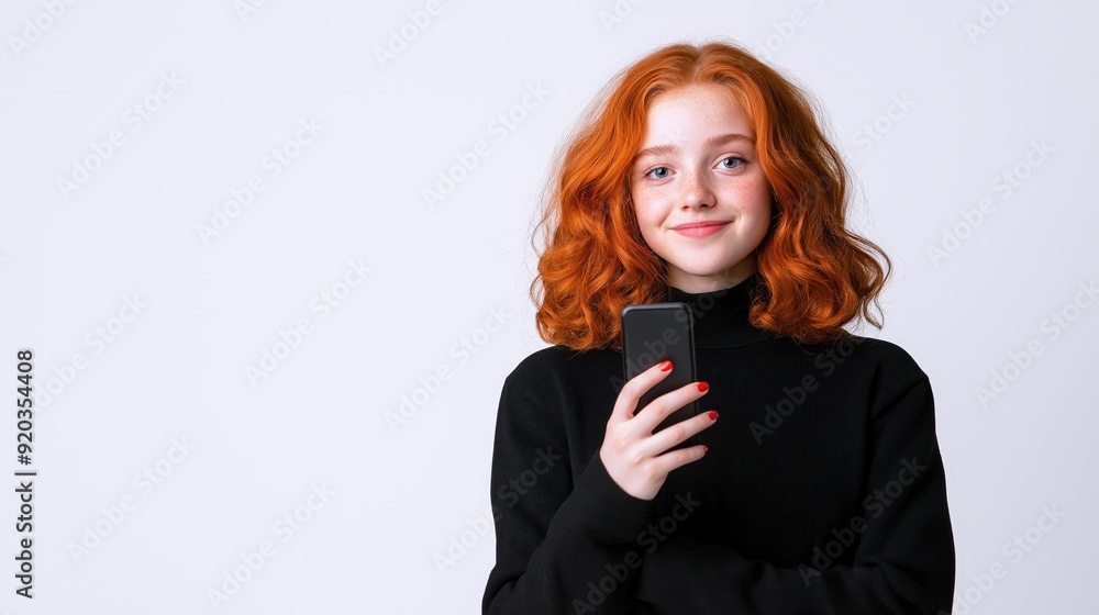Redhead with Smartphone: A young woman with fiery red hair, wearing a black turtleneck sweater, confidently holds a smartphone in her hand. Her warm smile and relaxed posture convey a sense of ease Redhead with Smartphone: A young woman with fiery red hair, wearing a black turtleneck sweater, confidently holds a smartphone in her hand. Her warm smile and relaxed posture convey a sense of ease