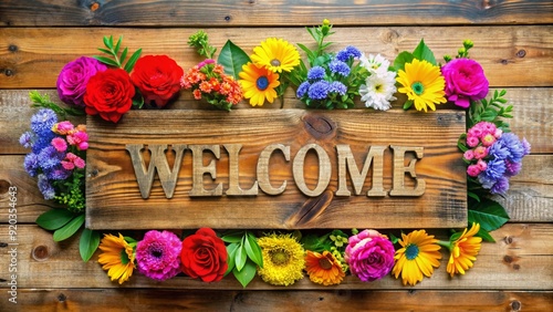 Vibrant colorful sign with bold font and decorative flowers on rustic wooden background, conveying warmth and hospitality, perfect for friendly businesses and gatherings. photo