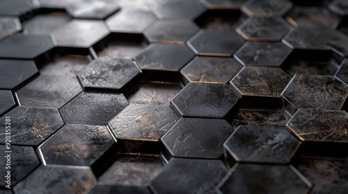 A perspective that plays with the depth of hexagonal shapes, with some recessed and some raised on a black metal background.