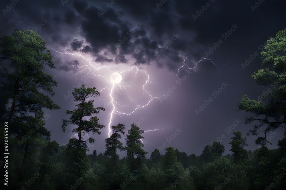 Naklejka premium A lightning storm over a dense forest with the moon partially visible through the clouds, AI Generated