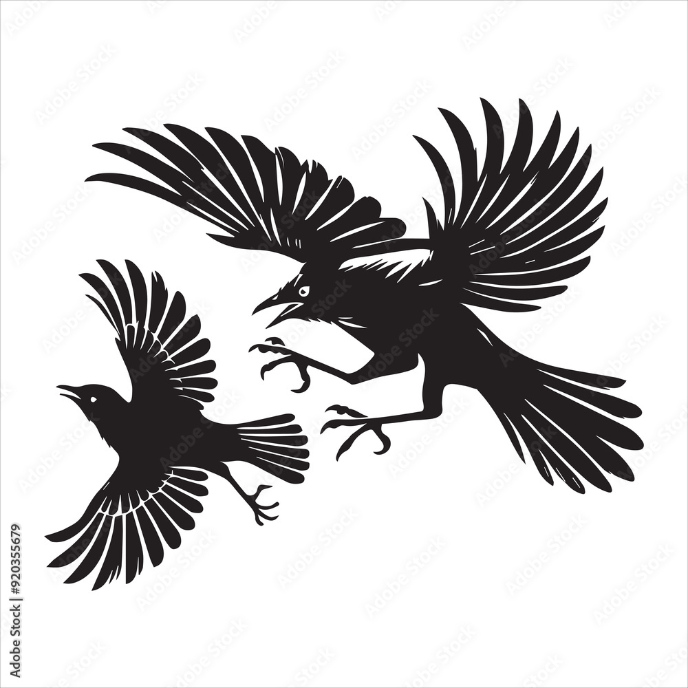 Obraz premium Red-winged blackbird silhouette, blackbird Clipart, Red-winged Blackbird chasing in flight Illustration 