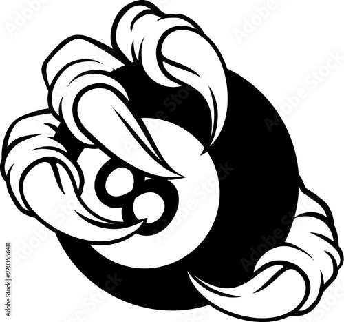 An eagle or monster animal claw or talon hand with claws or talons holding a pool billiards black 8 ball.