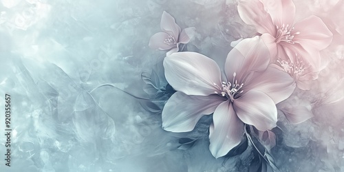 Delicate flowers blooming against abstract background, vintage and elegant. Soft colors, intricate details, evoke nature in full bloom. Pastel hues, watercolor-like texture, romantic touch