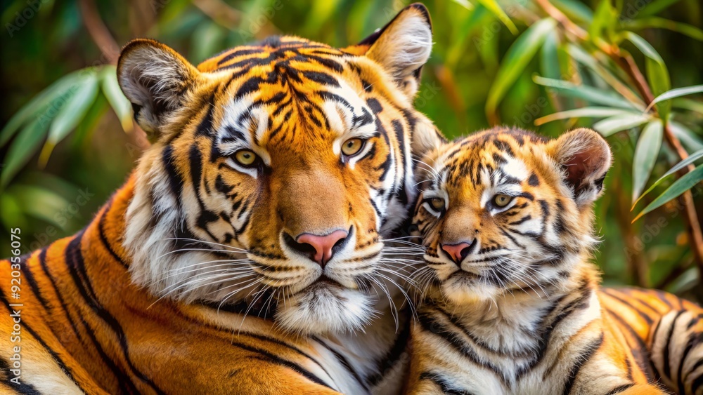 Fototapeta premium Adorable tiger cub snuggles close to its majestic mother, eyes closed in contentment, in a heartwarming display of familial love and bond in the wild.