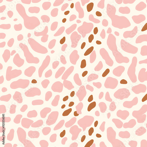  A seamless pattern of blush pink leopard spots, with soft pastel tones and subtle shades of brown on an off-white background