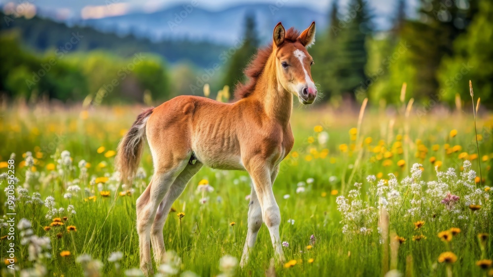 Adorable young foal with fuzzy coat and curious expression stands on wobbly legs in a lush green meadow surrounded by wildflowers on a sunny day. Adorable young foal with fuzzy coat and curious expression stands on wobbly legs in a lush green meadow surrounded by wildflowers on a sunny day.