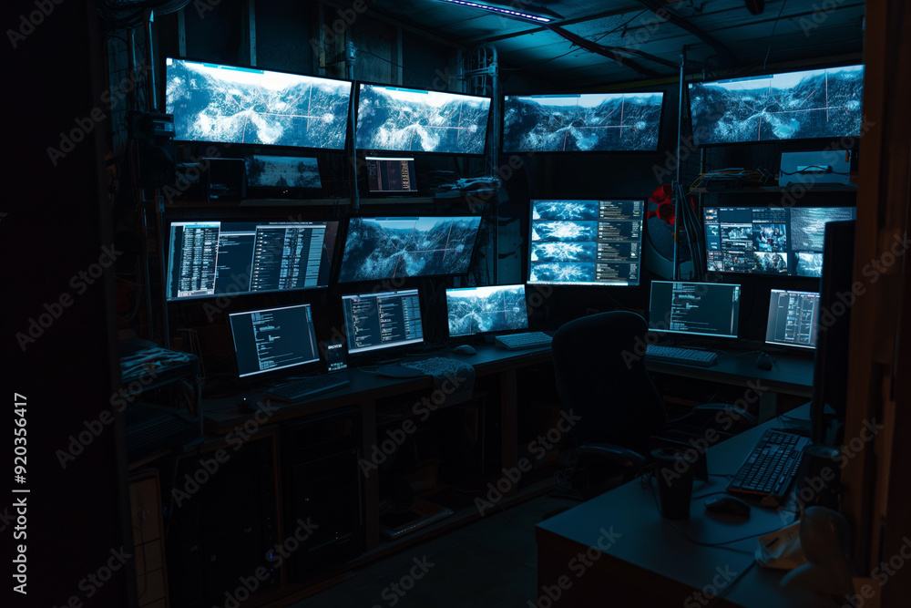 High Tech Command Center with Multiple Monitors and Advanced Computer Equipment High Tech Command Center with Multiple Monitors and Advanced Computer Equipment