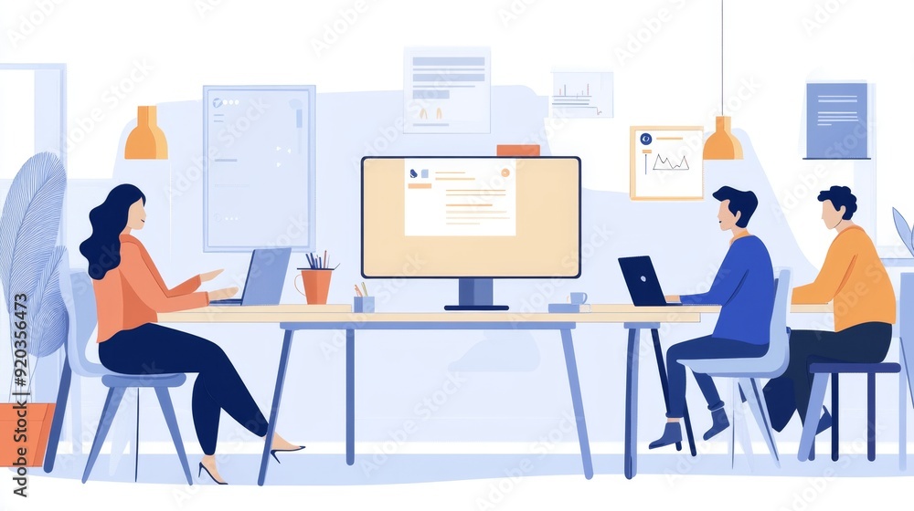 Obraz premium Collaborative Coworking Space, modern design, sleek furniture, bright atmosphere, engaged team, creativity flowing, open layout, inspiring environment, teamwork in action