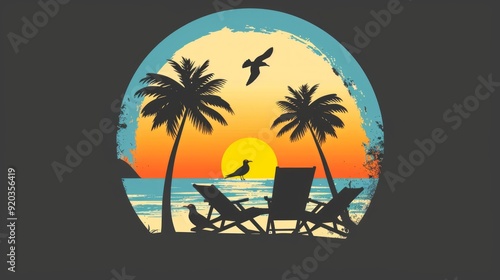 Tropical summer beach logo icon with palm trees, umbrella and daybed at seaside with sun and flying gulls. Isolated vector emblem for summer travel
