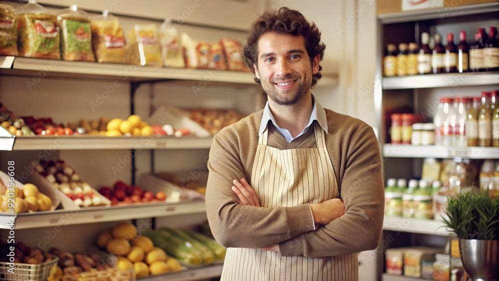 Convenient Store Supermarket Worker Smiling with Arms Crossed Convenient Store Supermarket Worker Smiling with Arms Crossed