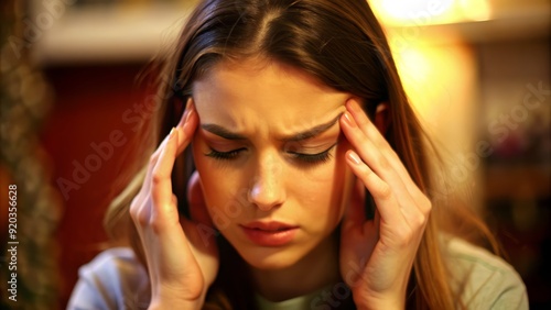 Young Woman Experiencing Headache with Pained Expression Indoors