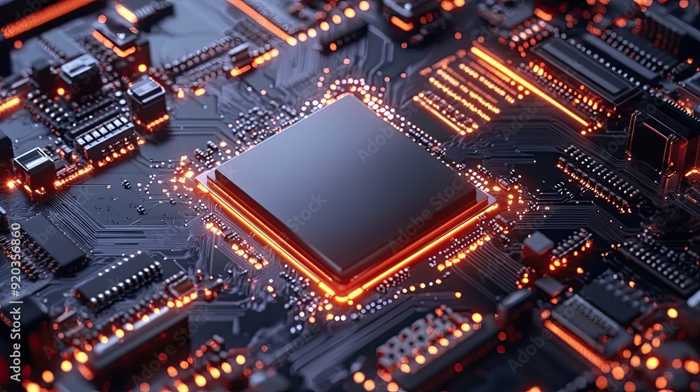 Close-up of a CPU on a Circuit Board with Glowing Orange Lights Close-up of a CPU on a Circuit Board with Glowing Orange Lights