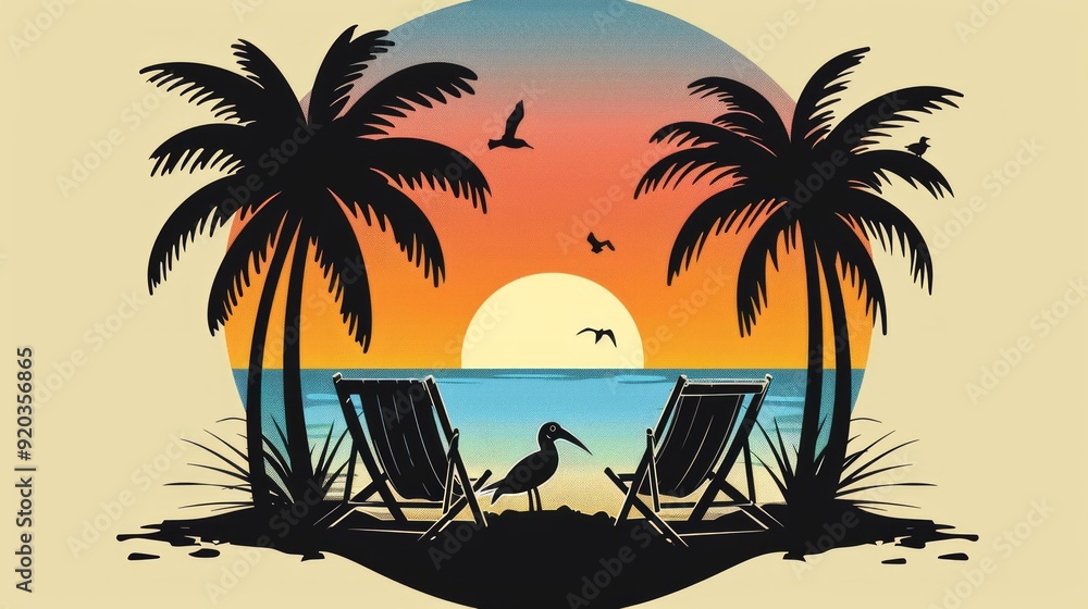 Fototapeta premium Tropical summer beach logo icon with palm trees, umbrella and daybed at seaside with sun and flying gulls. Isolated vector emblem for summer travel