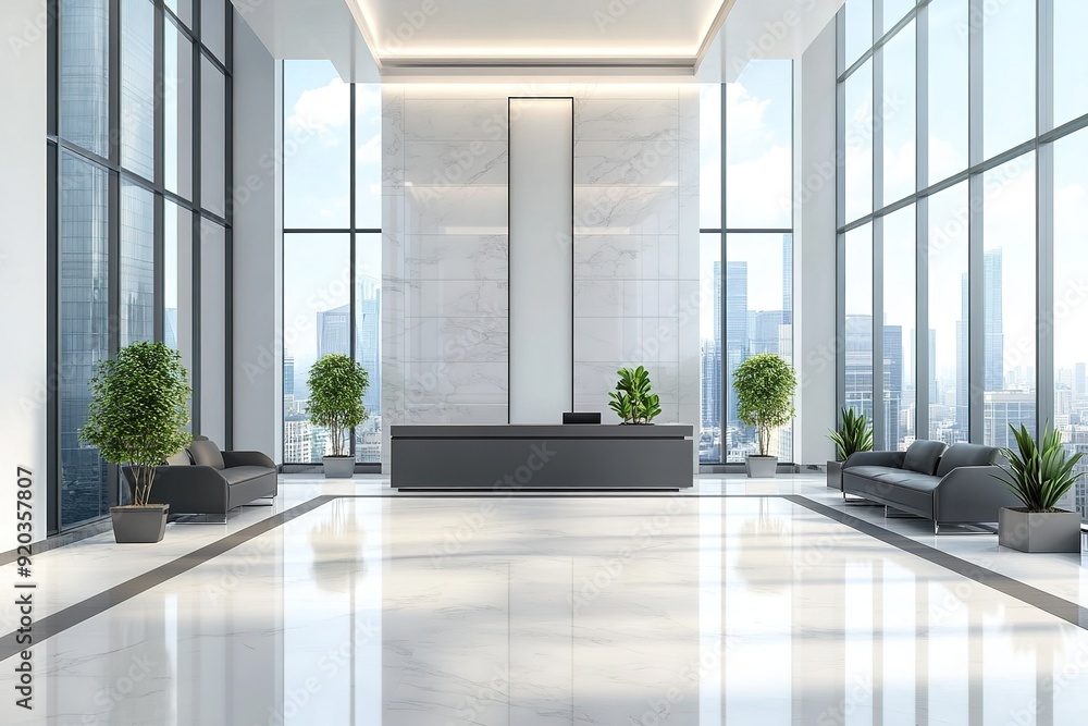 Clean and modern office lobby in a business district with ample copyspace for a promotion. Clean and modern office lobby in a business district with ample copyspace for a promotion.