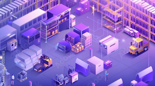 Isometric Illustration of a Smart Warehouse Management System with Emphasis on Inventory Control Using IoT Devices