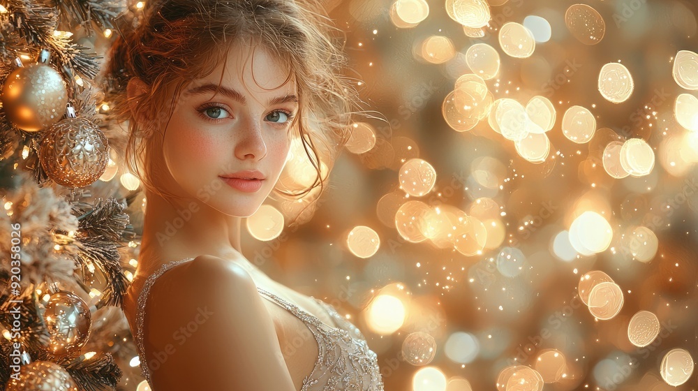 Elegant Ballerina Poses Next to Christmas Tree with Festive Lights Elegant Ballerina Poses Next to Christmas Tree with Festive Lights