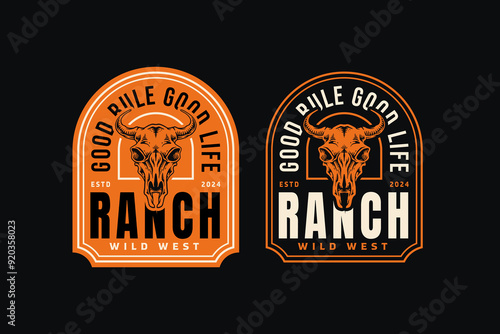 buffalo skull longhorn western vintage badge logo design. Set of texas ranch elements. retro bull skull illustration. cowboy native american emblem collection. set of wild west for adventure and sport