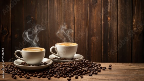 Banner with fresh coffee and beans on wooden background