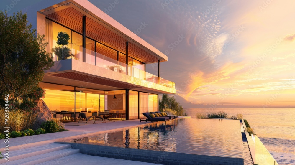 Image showcasing Luxury modern villa with an infinity pool at sunset, offering ...