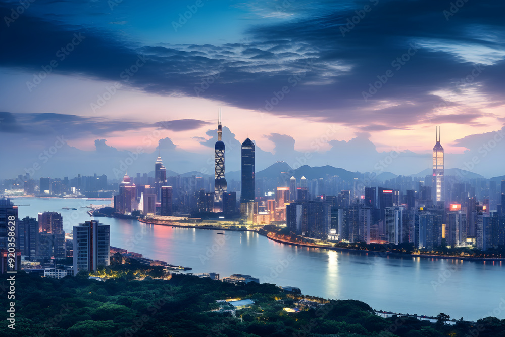 Stunning Twilight View of Guangzhou's Skyline - Blend of Historic and Modern Architectural Beauty Stunning Twilight View of Guangzhou's Skyline - Blend of Historic and Modern Architectural Beauty