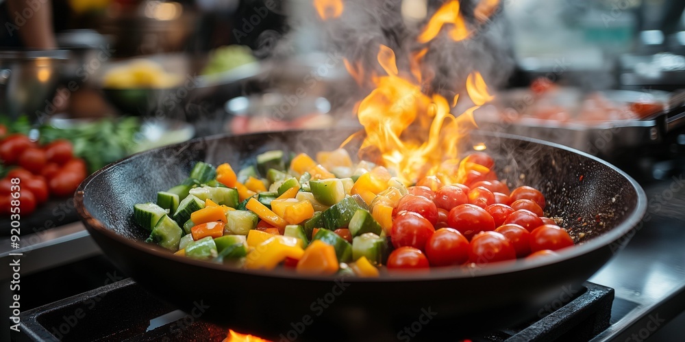 Dynamic Wok Flames with Fresh Vegetables, generative ai Dynamic Wok Flames with Fresh Vegetables, generative ai