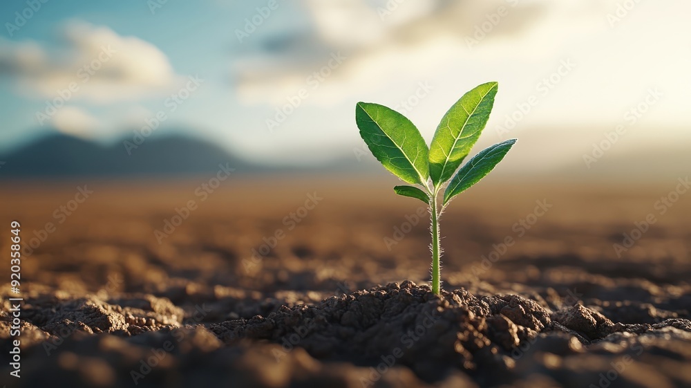 Green sprout emerging from cracked earth in a sun-baked desert. Green sprout emerging from cracked earth in a sun-baked desert.