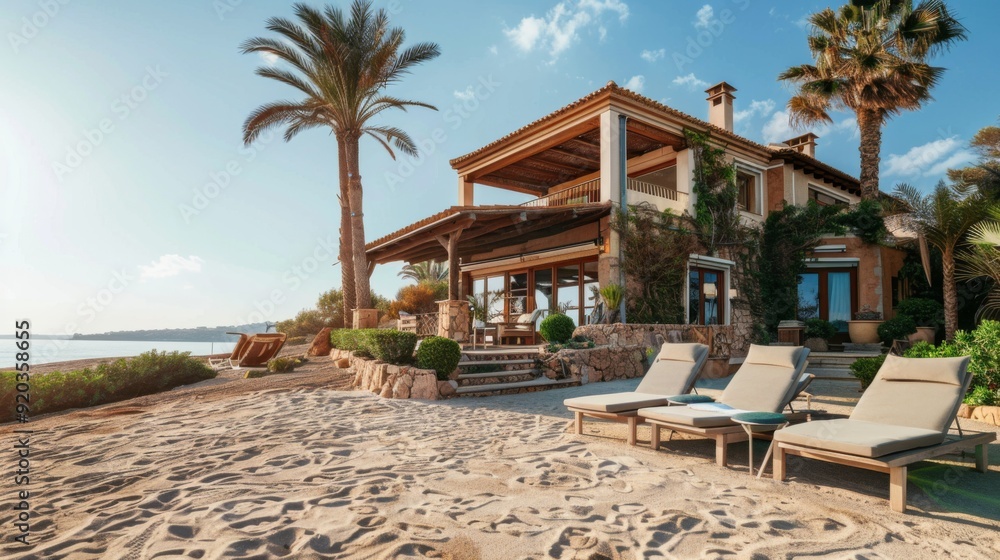 Obraz premium A luxurious seaside villa with private beach access and loungers, ideal for marketing luxury vacation rentals, beachfront real estate, and tropical resort destinations