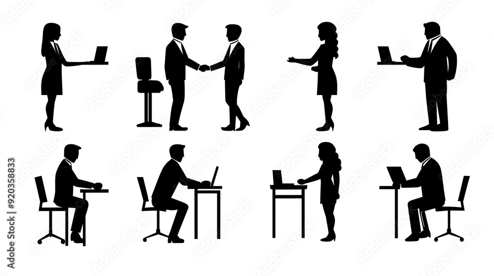 Siluet orang berinteraksi di lingkungan bisnis, termasuk pertemuan dan kerja. Siluet orang berinteraksi di lingkungan bisnis, termasuk pertemuan dan kerja.