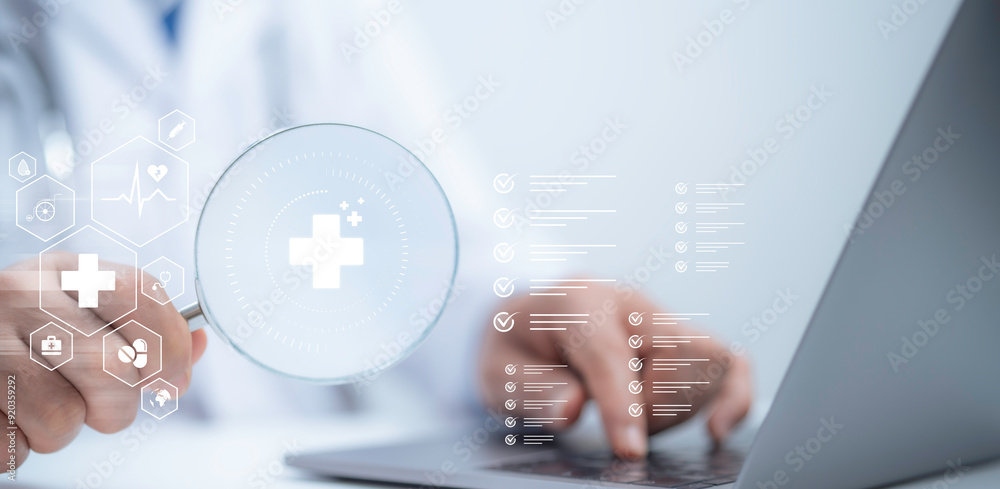 Medical performance checklist, Medical worker using laptop doing online ...