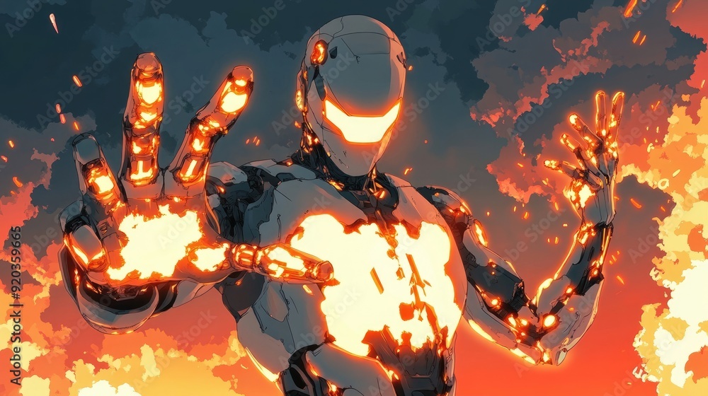 Robot Illustration with Blazing Hands and Body in Anime Comic Style Robot Illustration with Blazing Hands and Body in Anime Comic Style