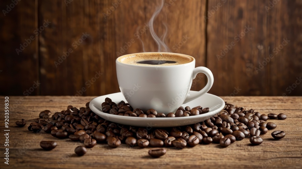 Obraz premium Coffee cup and beans on wooden backdrop banner