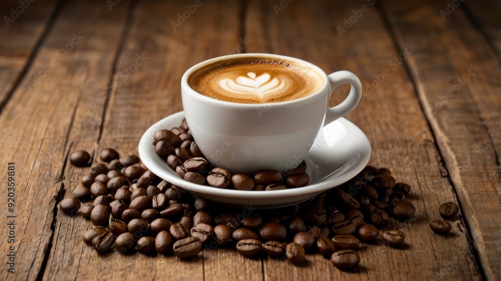 Coffee cup with beans, wooden background concept Coffee cup with beans, wooden background concept