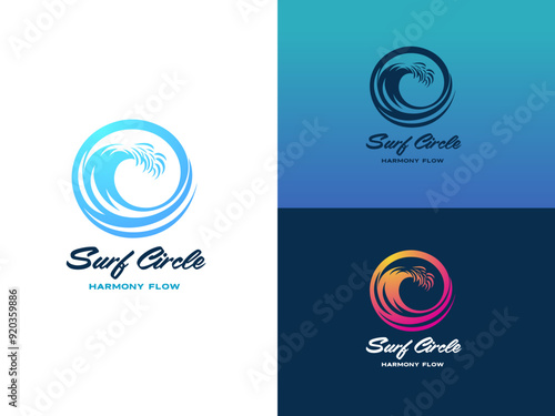 Blue wave logo in a circle logo design template. Suitable for water sports brands or seaside businesses. photo