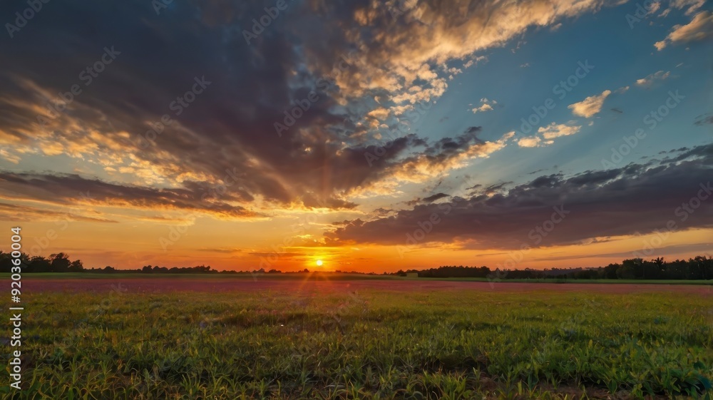 Colorful sunset over open field Colorful sunset over open field