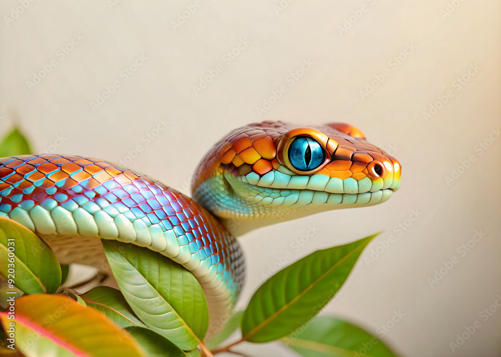 Fototapeta premium beautiful multi-colored snake on a beige background with green leaves