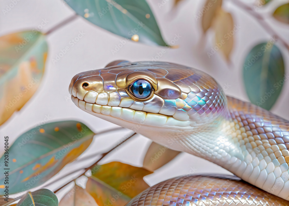 Fototapeta premium a beautiful snake with shades of color on a light background with leaves 