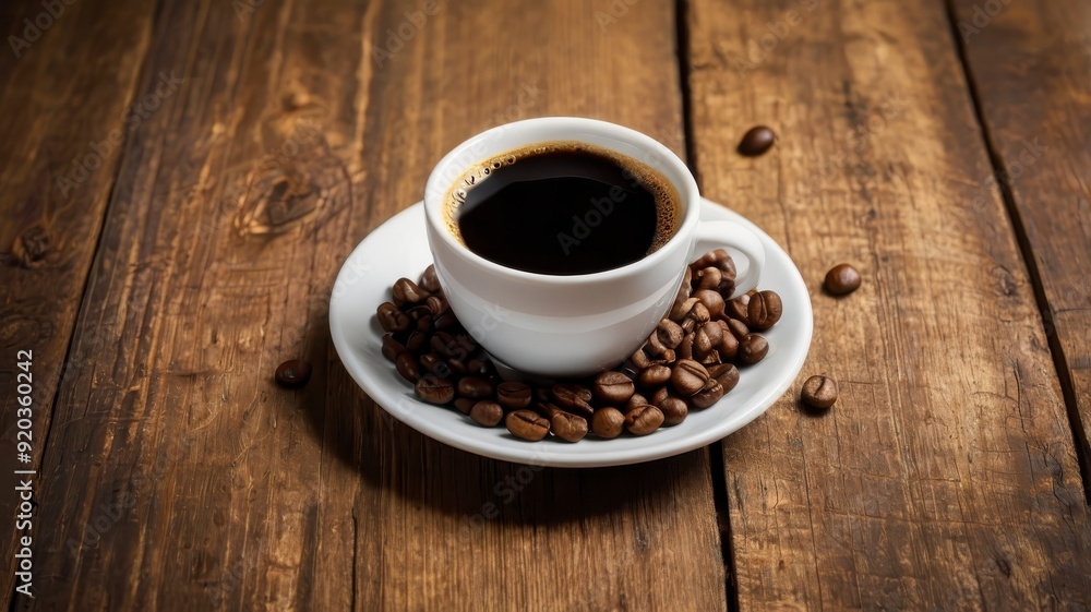 Cup of fresh coffee with beans on wooden background banner Cup of fresh coffee with beans on wooden background banner