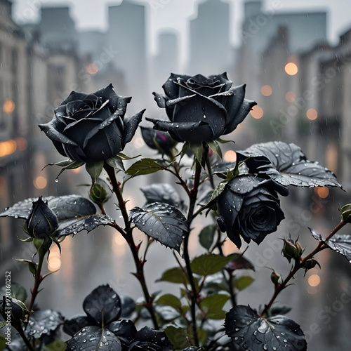 black roses in the rain, black background, rainy weather, black flowers