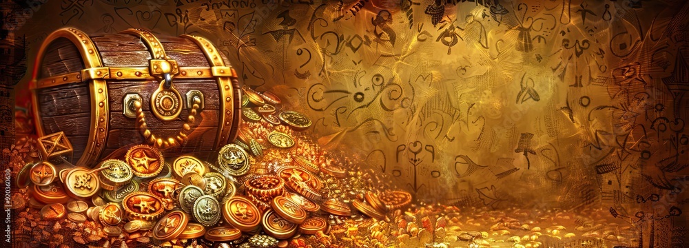 Naklejka premium An Open Wooden Treasure Chest Filled with Gold Coins