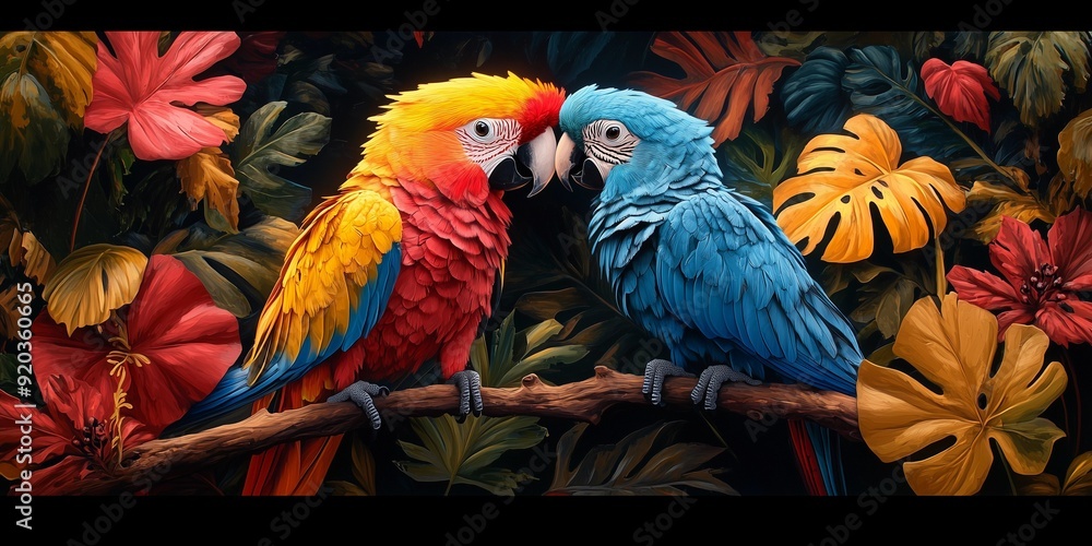 Fototapeta premium Tropical Love: Parrots Kissing in a Colorful Mural, generative ai