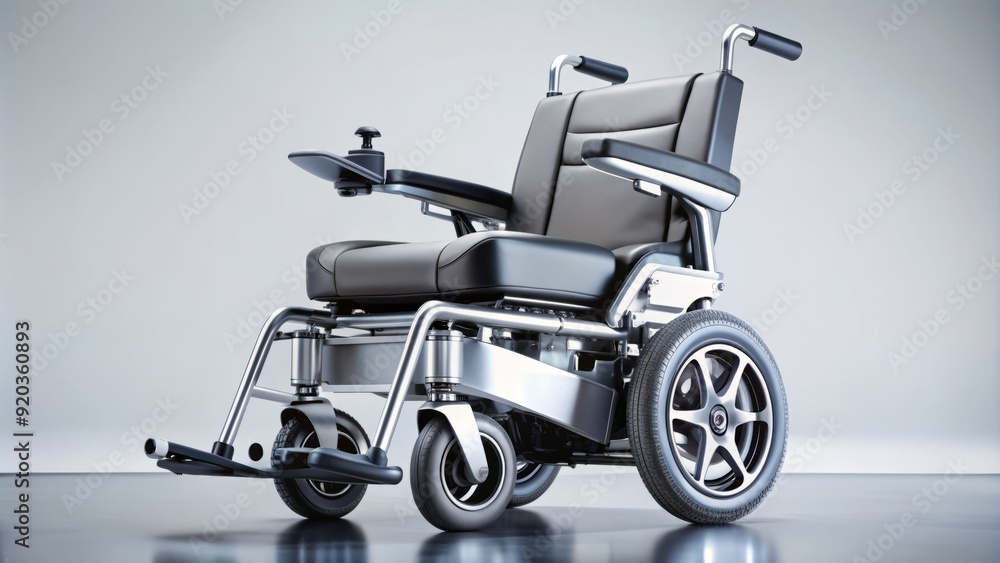 Fototapeta premium A sleek, silver, high-tech wheelchair with sturdy wheels and adjustable armrests, showcasing modern accessibility and mobility for individuals with disabilities.