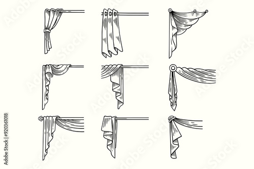 curtain with draperies, pelmet, pole illustration vector design set. corner of curtain and draperies hatching doodle. curtains hand draw engrave flat design style for corner decoration ornament frame