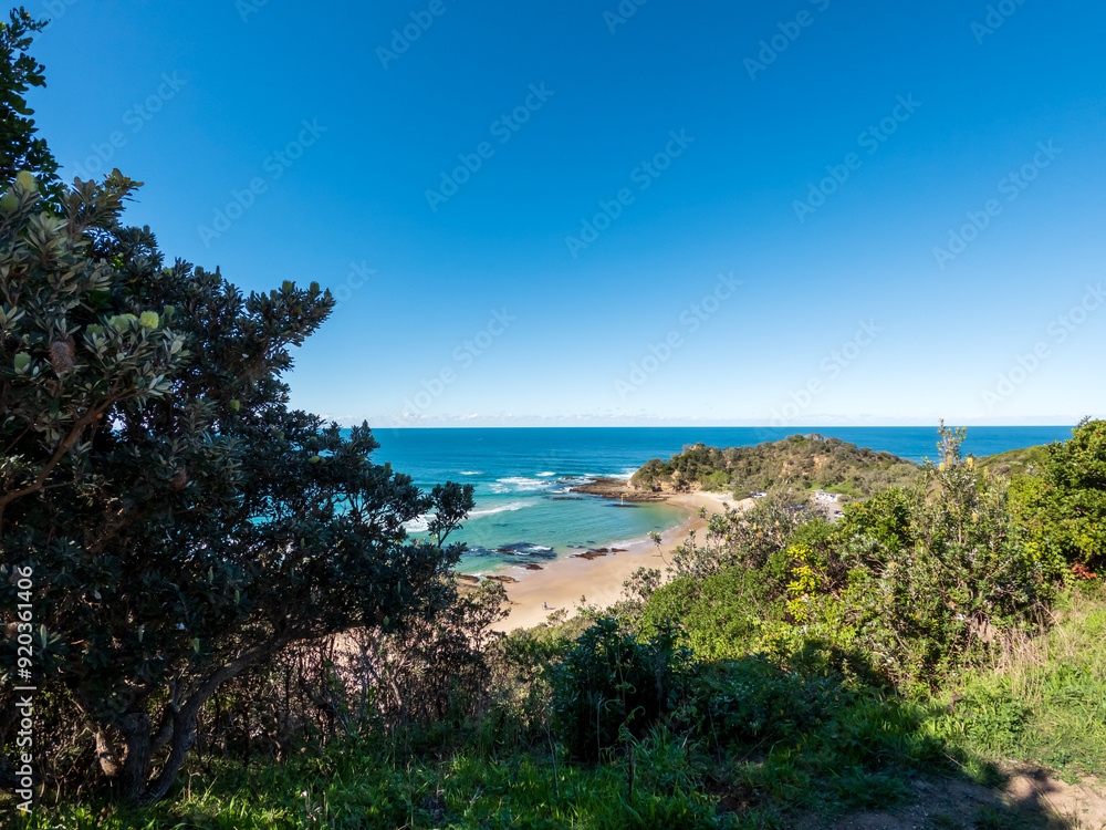 Elevated views of Shelly Beach and the Pacific Ocean from Captain Cook Lookout, a coastal gem in Nambucca Heads, NSW, Australia
