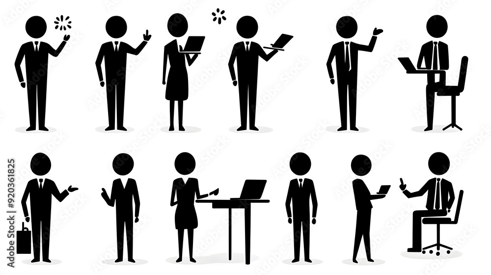 Fototapeta premium A collection of stick figures representing various business and professional activities.