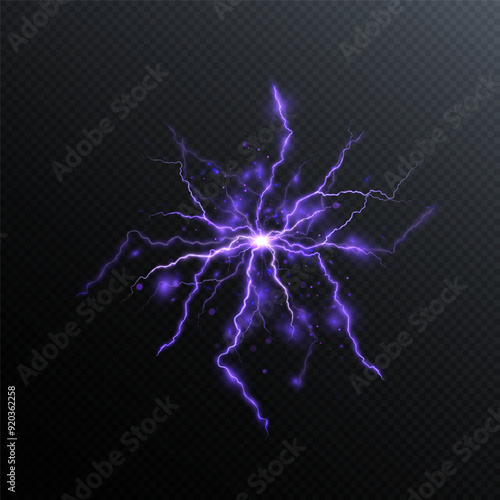 Bright lightning. Realistic lightning on transparent background. Explosion of energy with many ball lightning. Vector for web design and illustrations. Lightning PNG.
