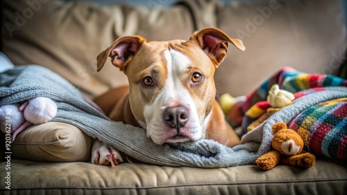 A sweet pit bull mix with a gentle expression and floppy ears lies on a worn couch, surrounded by comforting blankets and toys.