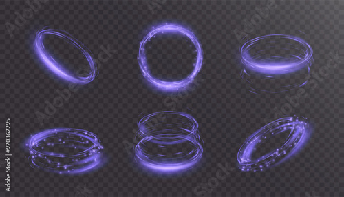 Glowing portal podium. Set of round teleportation portals with glow in the dark neon light for vector illustrations.	