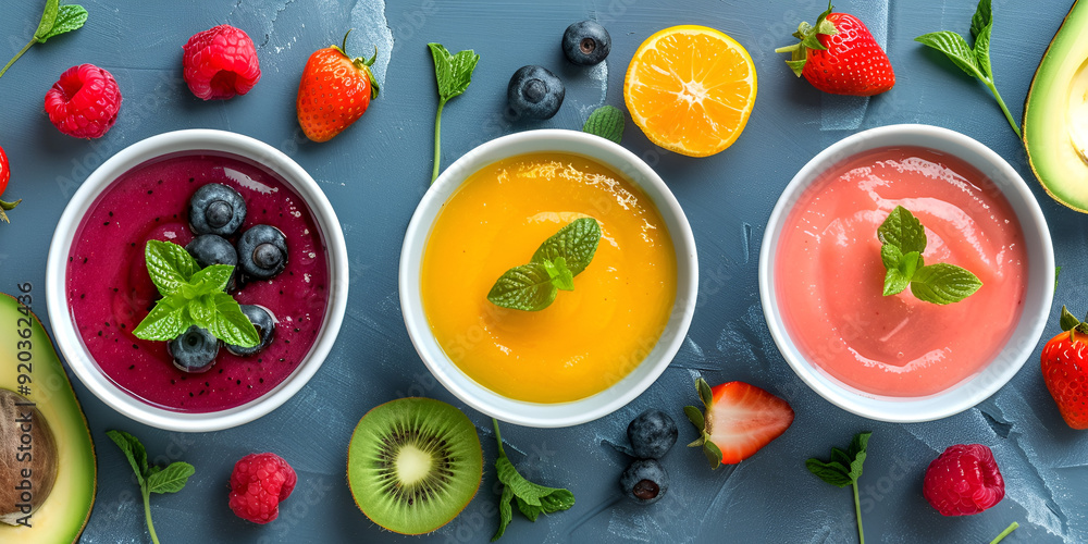 Assorted Fruit Smoothie Bowls with Fresh Berries and Citrus on Blue Background Assorted Fruit Smoothie Bowls with Fresh Berries and Citrus on Blue Background