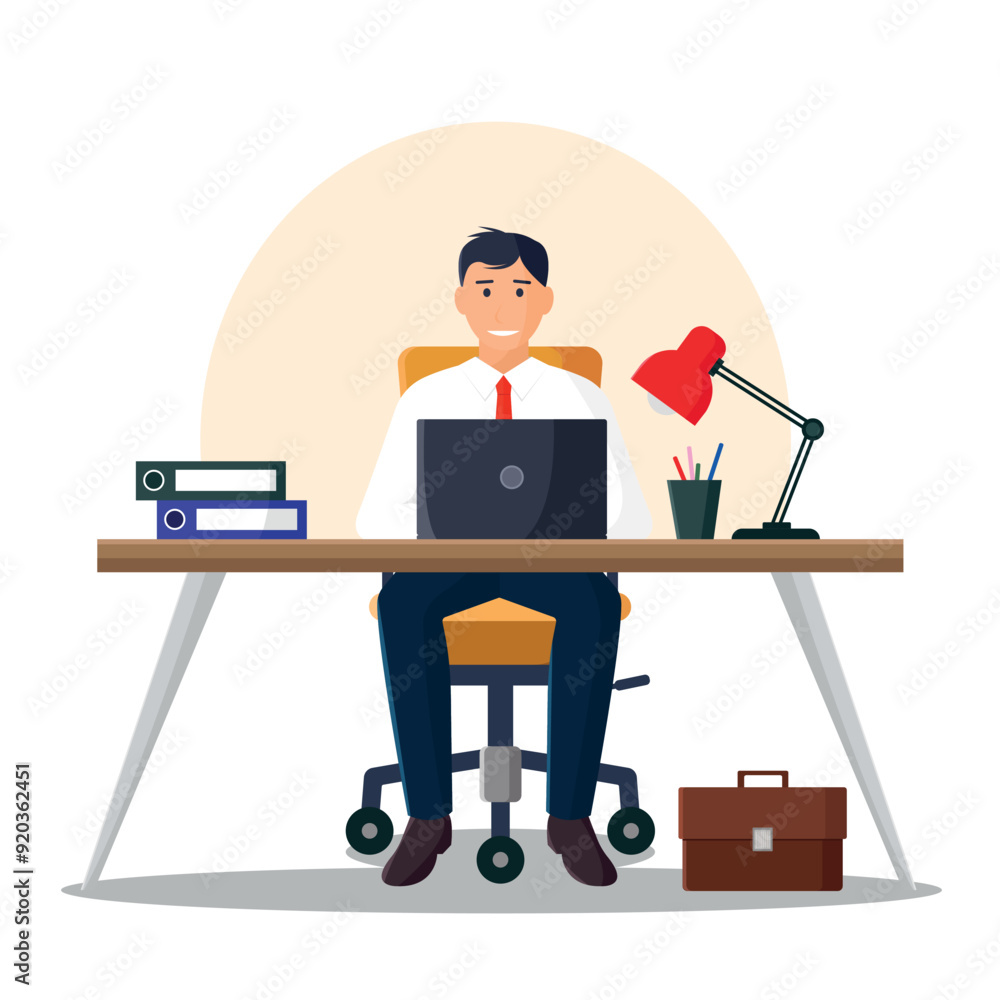 Businessman working at his desk. Office worker. Vector illustration in flat style. Businessman working at his desk. Office worker. Vector illustration in flat style.